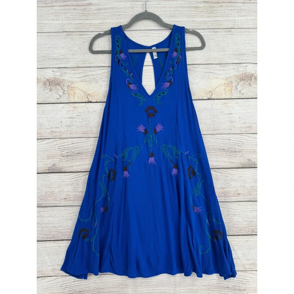 Free People Intimately Mini Dress Women‎ M Blue Floral Embroidered Boho Gauze